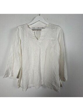 Edward Womens Irish Linen Split Neck Embroidered Top Blouse XL White Long Sleeve
